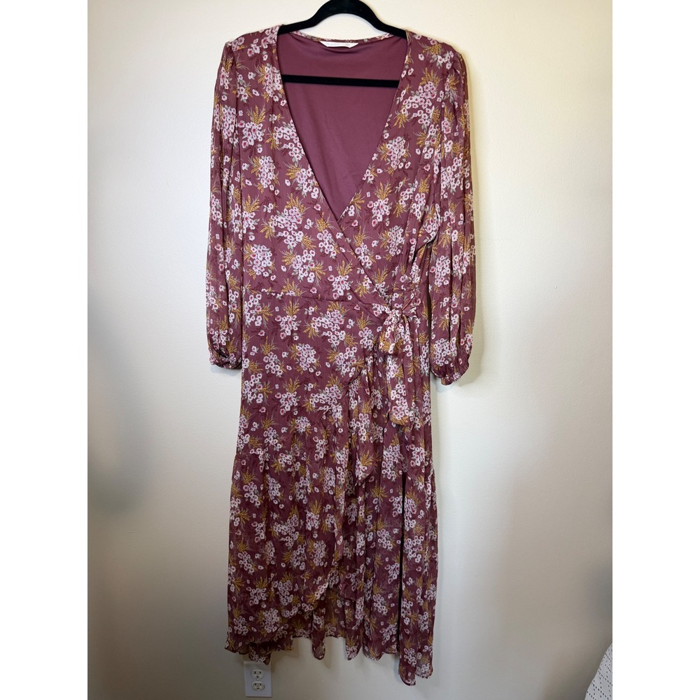 Lauren Conrad Floral Wrap Midi Dress Women's XXL Burgundy Long Sleeve Boho